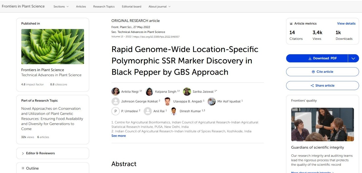 Rapid genome wide location specific polymorphic SSR markers in black pepper genotypes by GBS approach.
