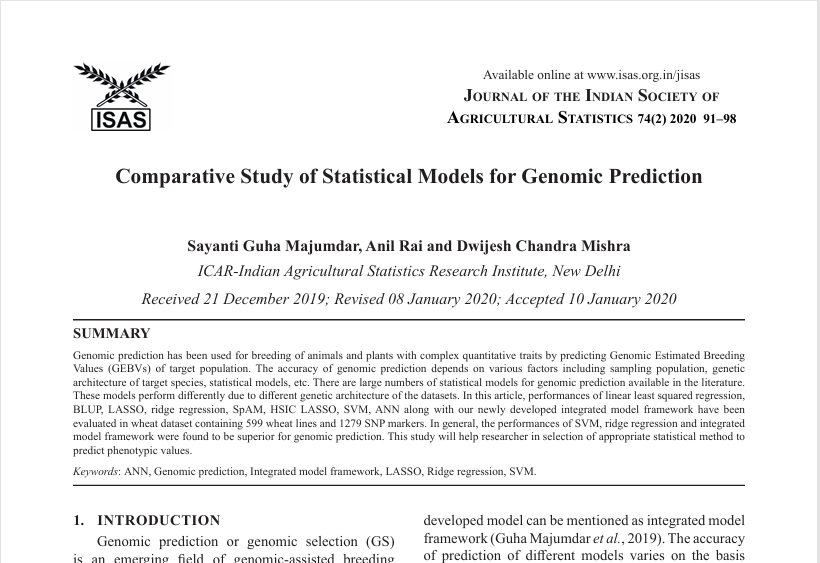 Comparative Study of Statistical Models for Genomic Prediction