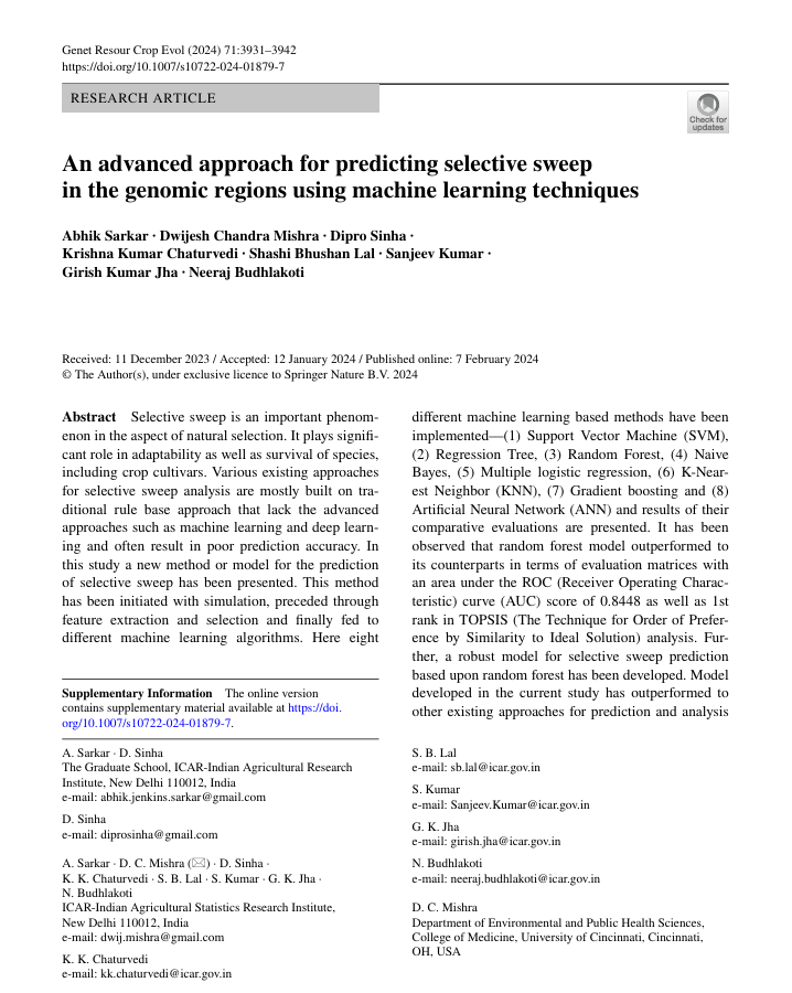 An advanced approach for predicting selective sweep  in the genomic regions using machine learning techniques
