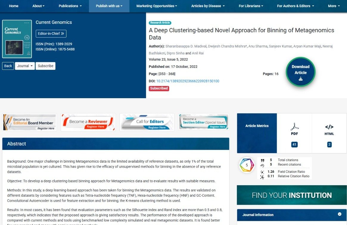 A Deep Clustering- based Novel Approach for Binning of Metagenomics Data.