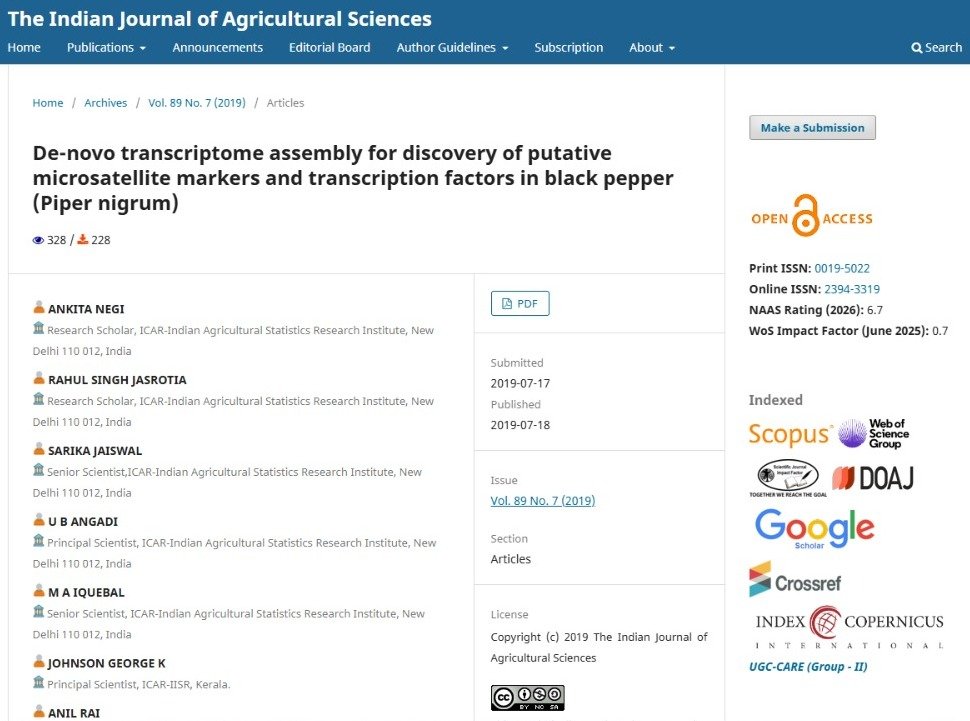 Denovo transcriptome assembly for discovery of putative microsatellite markers and transcription factors in black pepper (Piper nigrum L.)