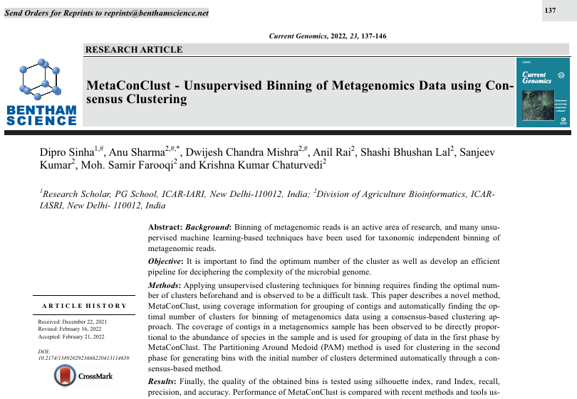 MetaConClust - Unsupervised Binning of Metagenomics Data Using Consensus Clustering.