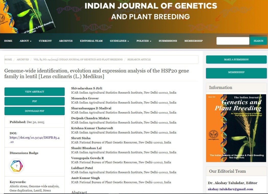 Genome-wide identification, evolution and expression analysis of the HSP20 gene family in lentil [Lens culinaris (L.) Medikus].
