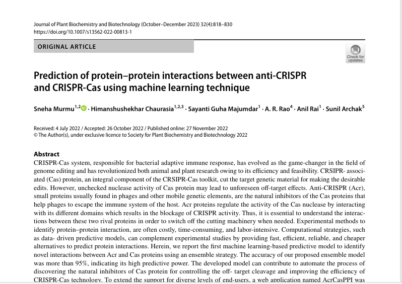 Prediction of protein–protein interactions between anti-CRISPR and CRISPR-Cas using machine learning technique.