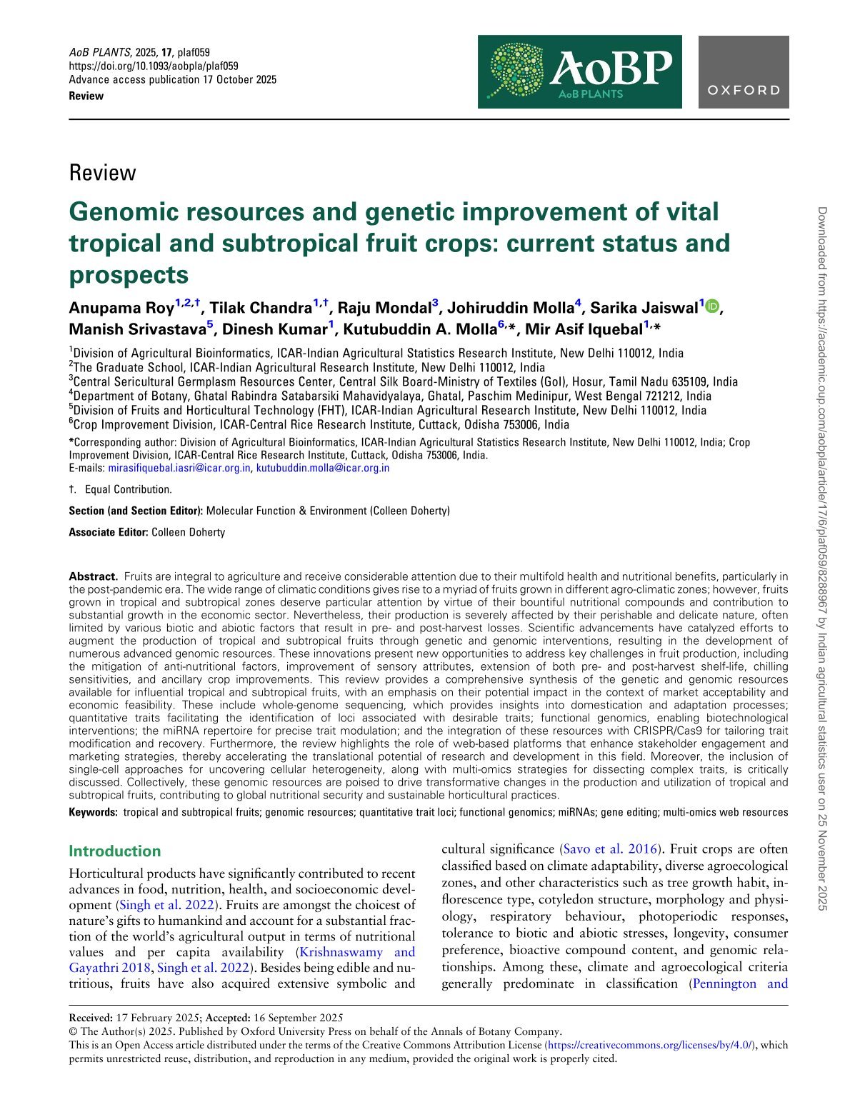 Genomic resources and genetic improvement of vital tropical and subtropical fruit crops: current status and prospects