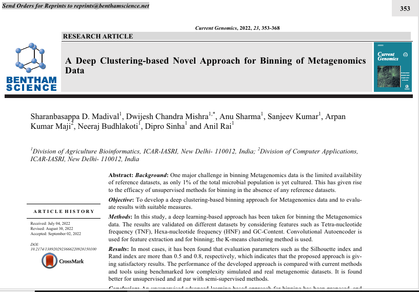 A Deep Clustering-based Novel Approach for Binning of Metagenomics Data.