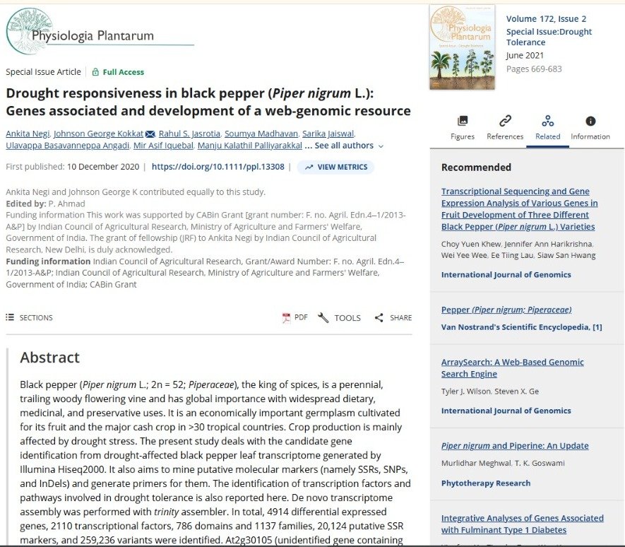 Drought responsiveness in black pepper (Piper nigrum L.): genes associated and development of a web-genomic resource.