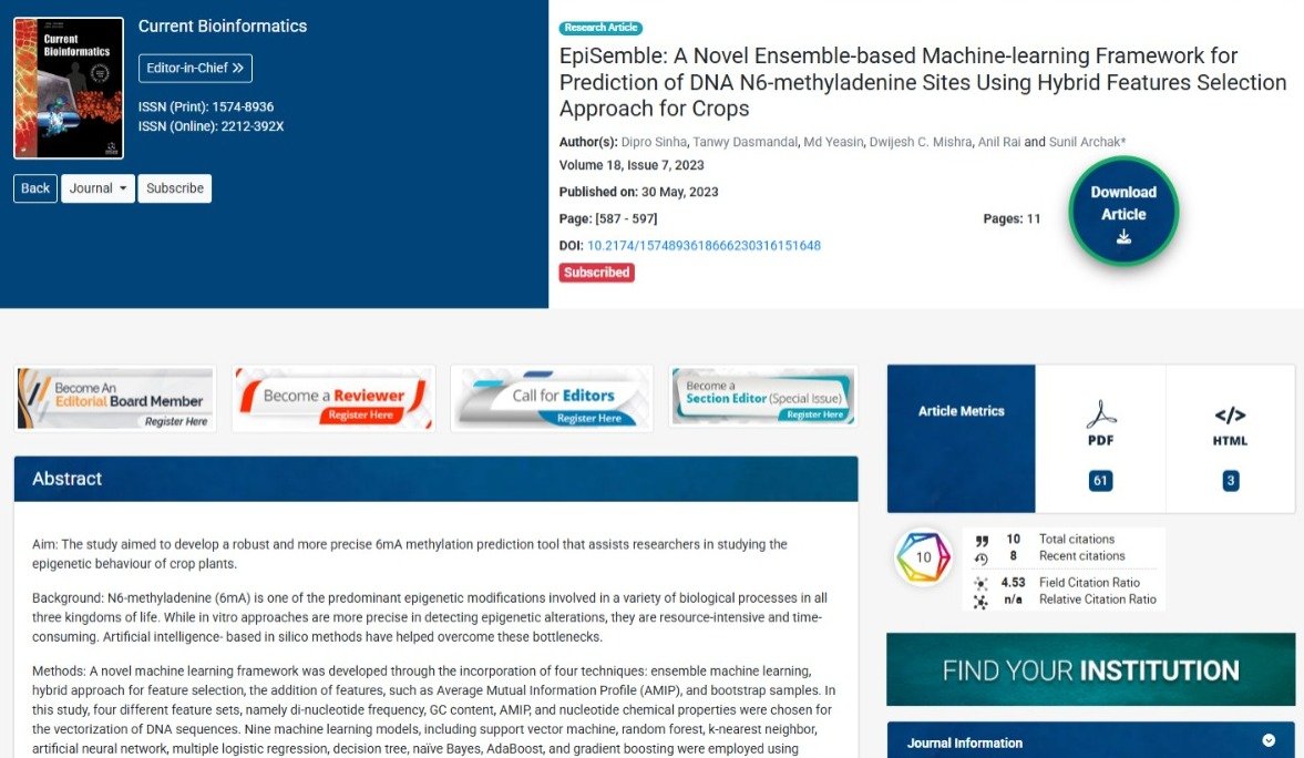 piSemble: a novel Eensemble-based machine-learning framework for prediction of DNA N6- methyladenine sites using hybrid features selection approach for crops.