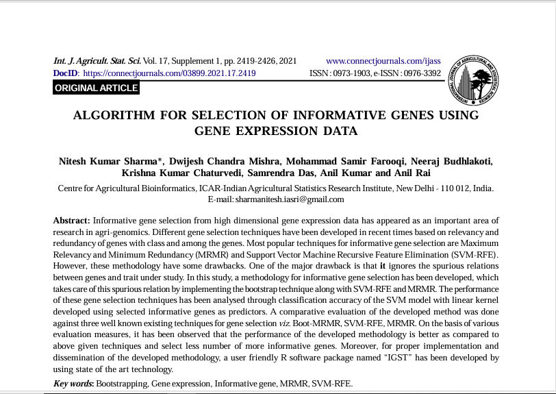 Algorithm for selection of informative genes using gene expression data