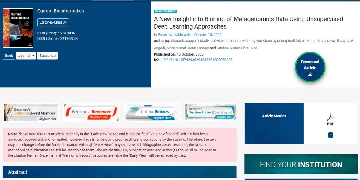 A New Insight into Binning of Metagenomics Data Using Unsupervised Deep Learning Approaches.