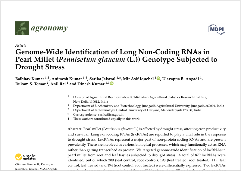 Genome-wide identification of long non-coding RNAs in pearlmillet (Pennisetum glaucum (L.)) genotype subjected to drought stress.