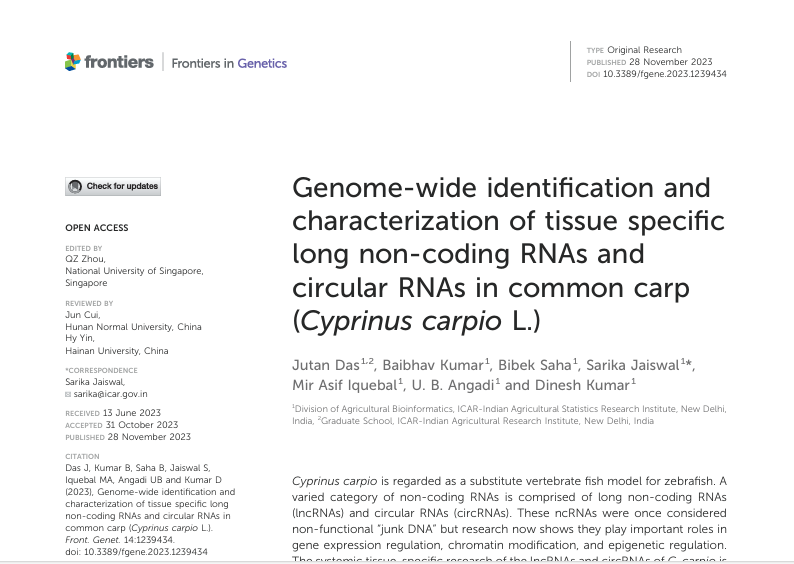 Genome-wide identification and characterization of tissue specific long non-coding RNAs and circular RNAs in Common carp (Cyprinus carpio L.)