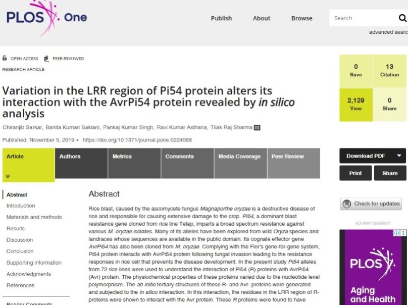 Variation in the LRR region of Pi54 protein alters its interaction with the AvrPi54 protein revealed by in silico analysis.
