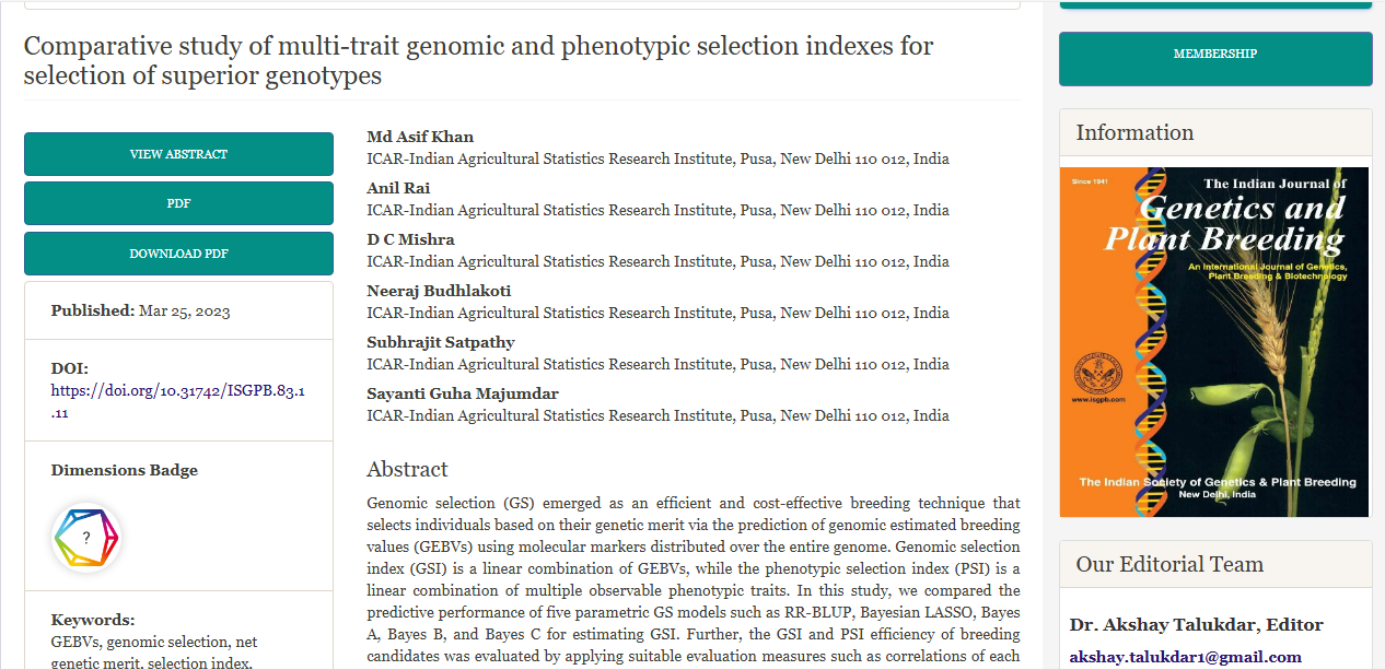 Comparative study of multi-trait genomic and phenotypic selection indexes for selection of superior genotypes.