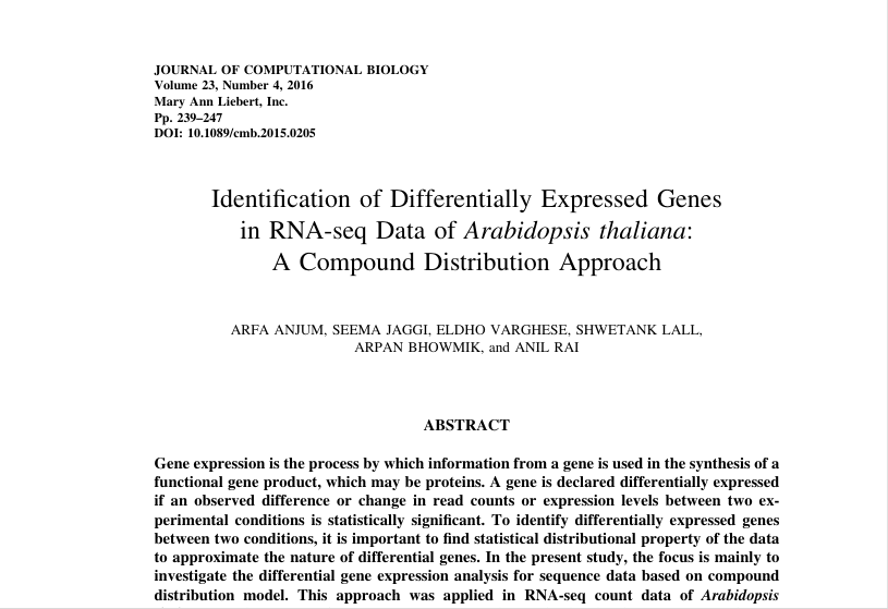 Identification of Differentially Expressed Genes in RNA-seq Data of Arabidopsis thaliana: A Compound Distribution Approach