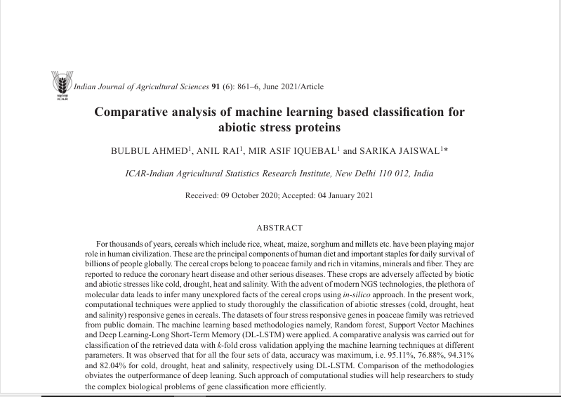 Comparative analysis of machine learning and deep learning-based classification for abiotic stress genes of poaceae family crops.