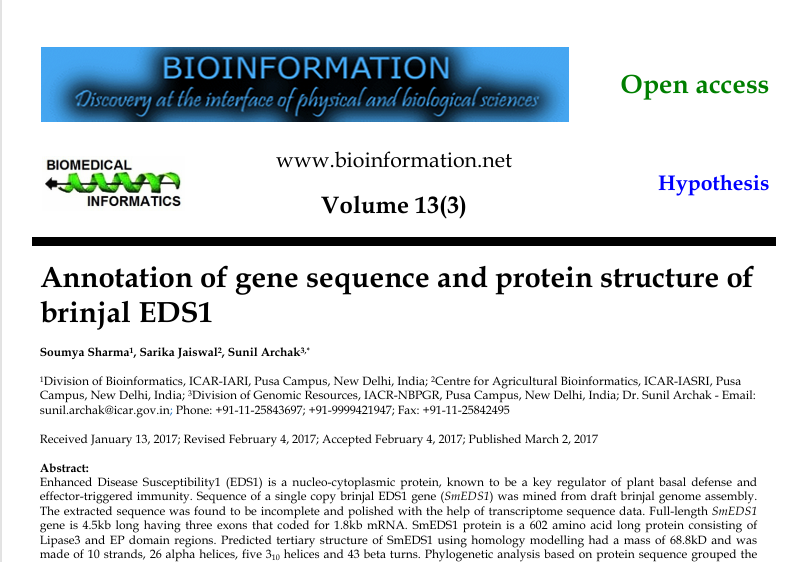 Annotation of gene sequence and protein structure of brinjal EDS1
