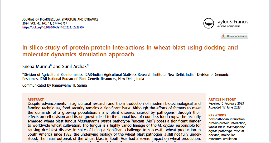 In-silico study of protein-protein interactions in wheat blast using docking and molecular dynamics simulation approach.