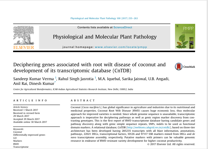 Deciphering genes associated with root wilt disease of coconut and development of its transcriptomic database (CnTDB)