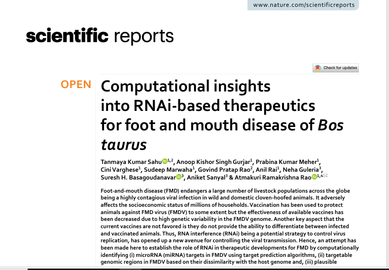 Computational insights into RNAi-based therapeutics for foot and mouth disease of Bos taurus.