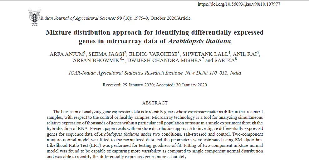 Mixture distribution approach for identifying differentially expressed genes in microarray data of Arabidopsis thaliana.