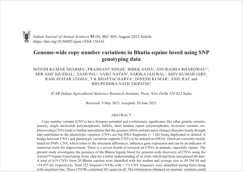 Genome wide copy number variations in Bhutia equine breed using SNP genotyping data.