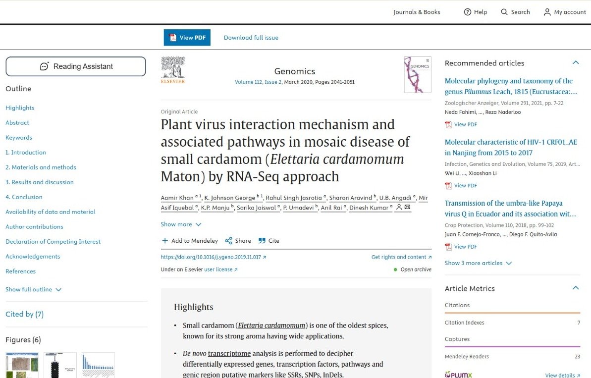 Plant Virus Interaction Mechanism and Associated Pathways in Mosaic Disease of Green Cardamom (Elettaria cardamomum Maton) by RNA-Seq Approach